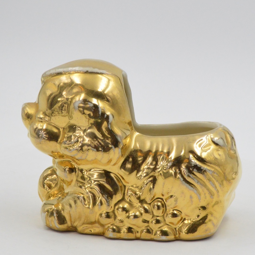 Vintage Gold Ceramic Puppy Dog Planter Quirky and Eclectic Retro Home Decor - Picture 2 of 8